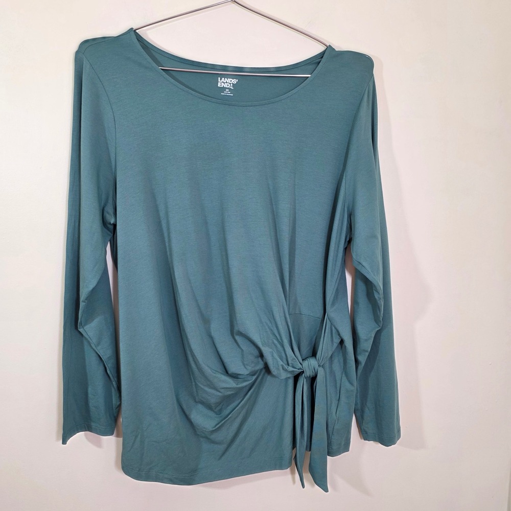 Lands' End Women Shirt Side Tie Knot Tencel Cotton Blend Teal Green Plus Size 2X